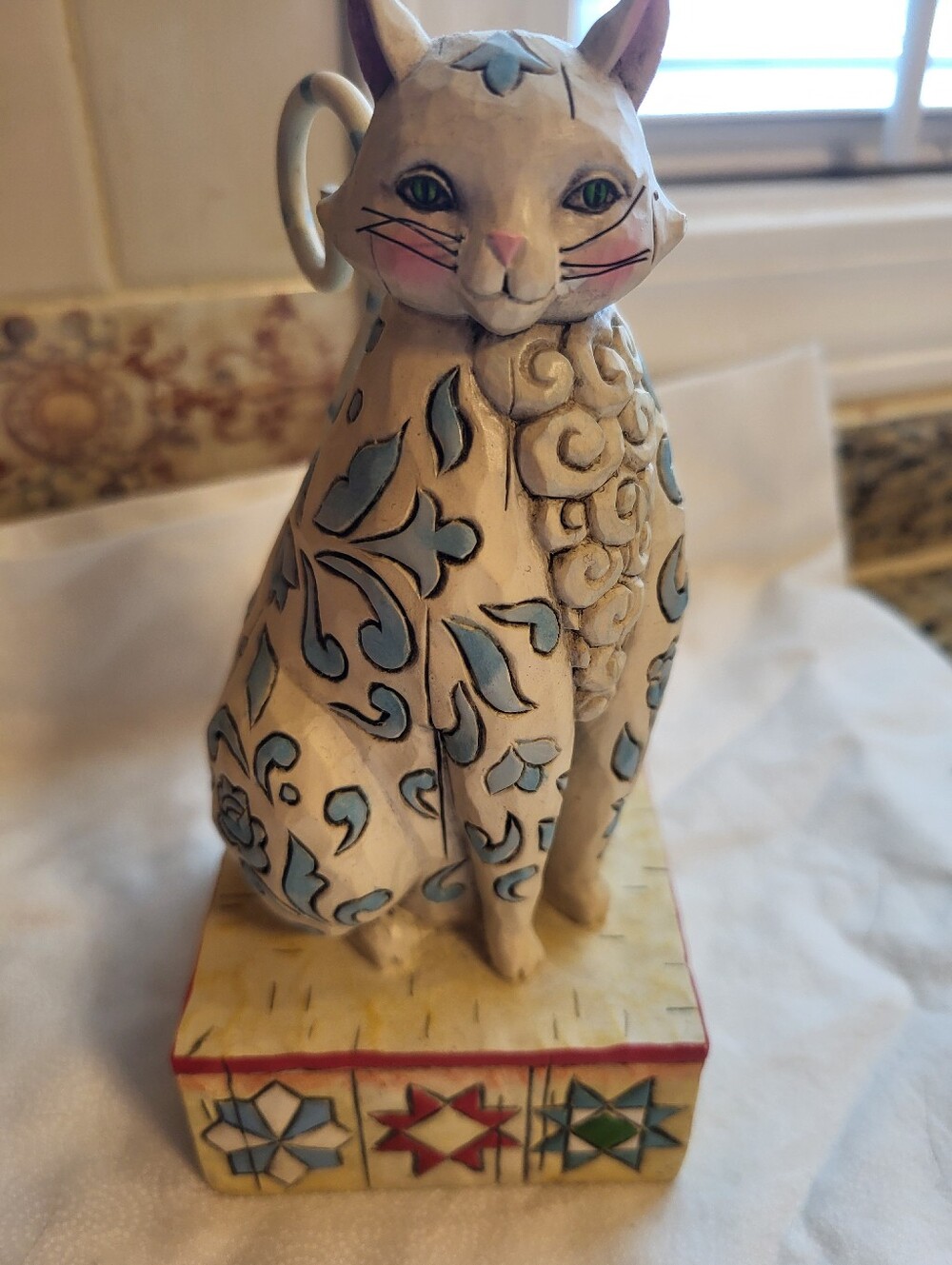 Jim Shore Cream and Light Blue Decorative Cat Figurine